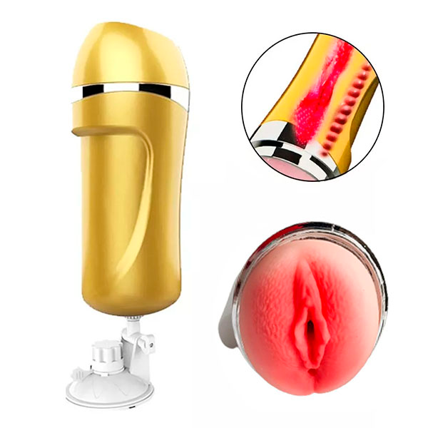 Masturbador Vibracion Base Ventosa Dorado