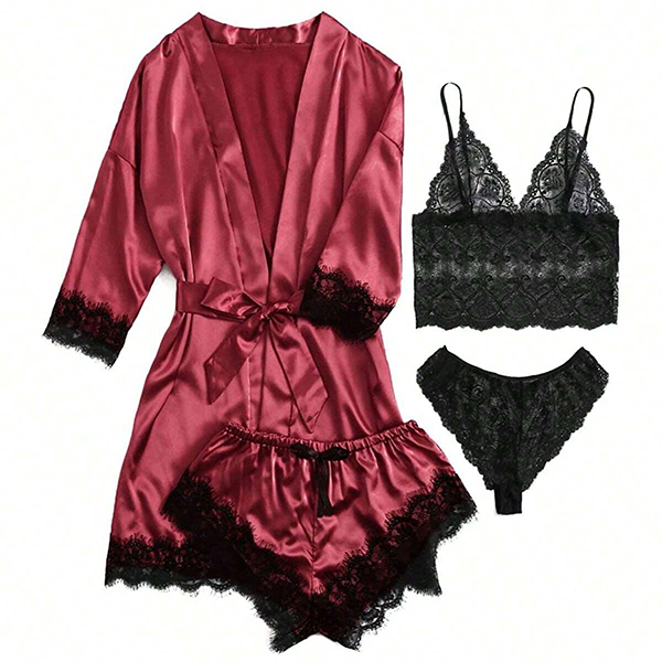 Sexy Conjunto 4 Pzas Lencería Satín