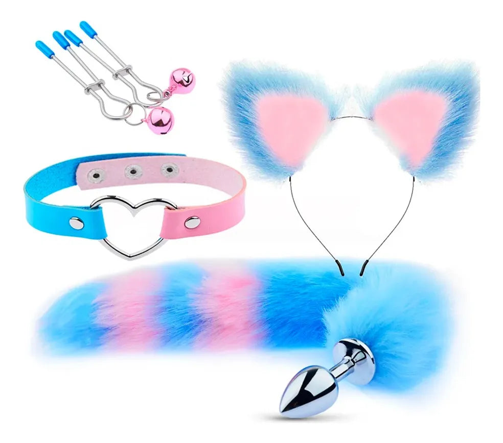 Set 4pzs Bdsm Pezoneras Furro Plug Anal Cola De Zorro