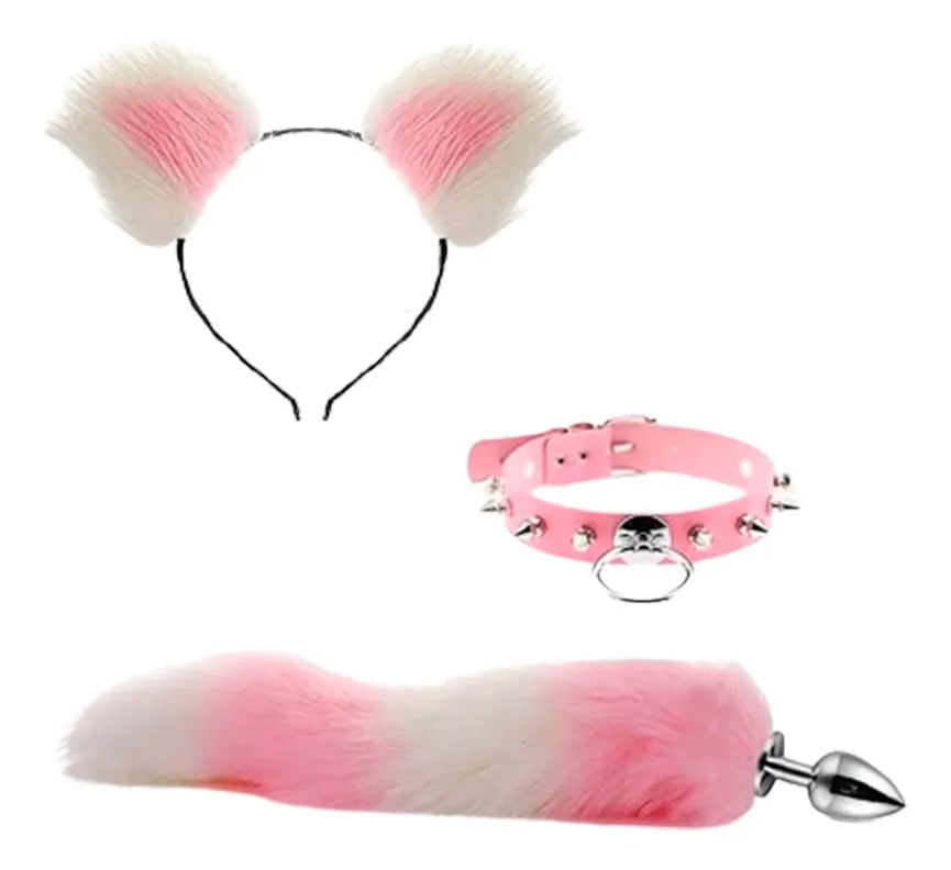 Set De 4 piezas Bdsm Pezoneras, Plug Anal, Cola De Zorro, Orejas