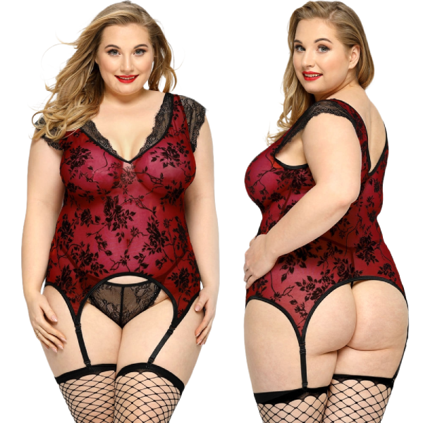 Babydoll con tanga, camisón de encaje floral L/XL