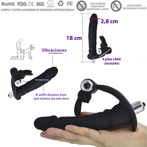 Anillo con un Dildo Vibrador tipo Cockring, Doble penetración