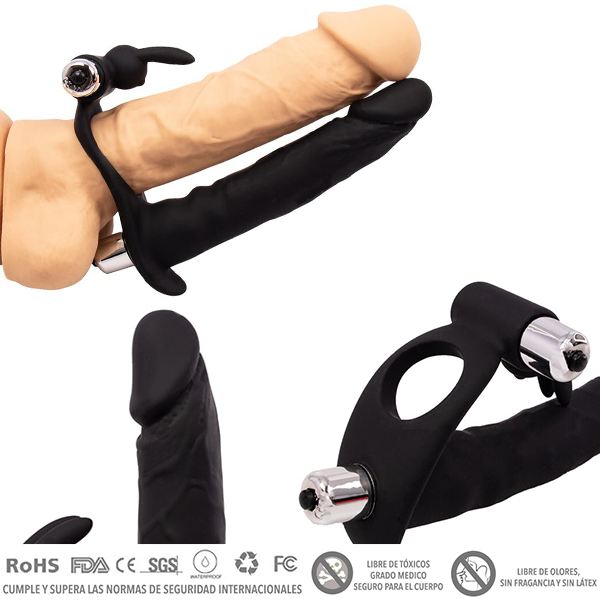 Anillo con un Dildo Vibrador tipo Cockring, Doble penetración